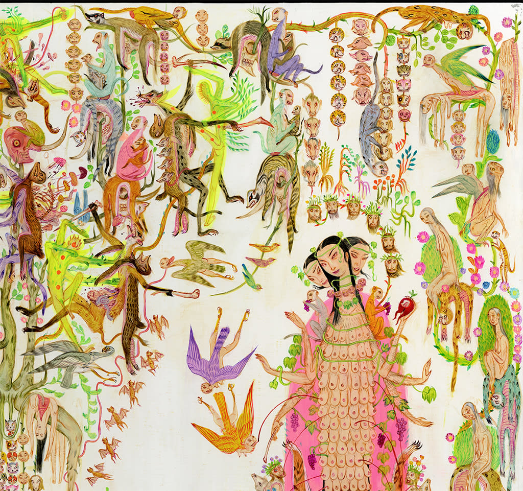 Detail shot of Mu Pan painting of animals and human hybrid creatures eating, fighting, sleeping, etc