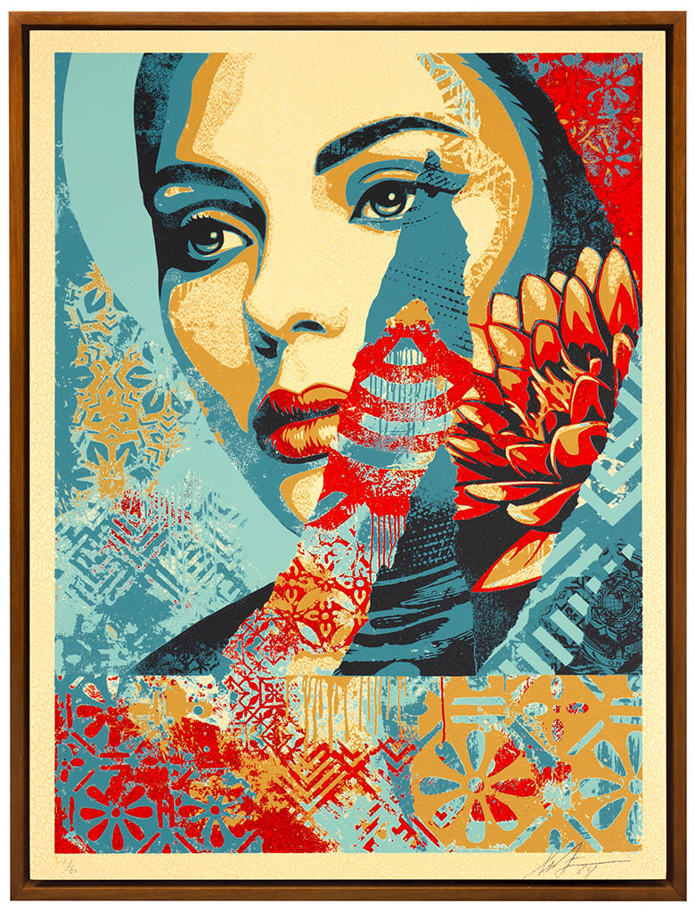 image of a womans face collaged with various textures and patterns including a lotus flower in a red, blue, and beige, palette
