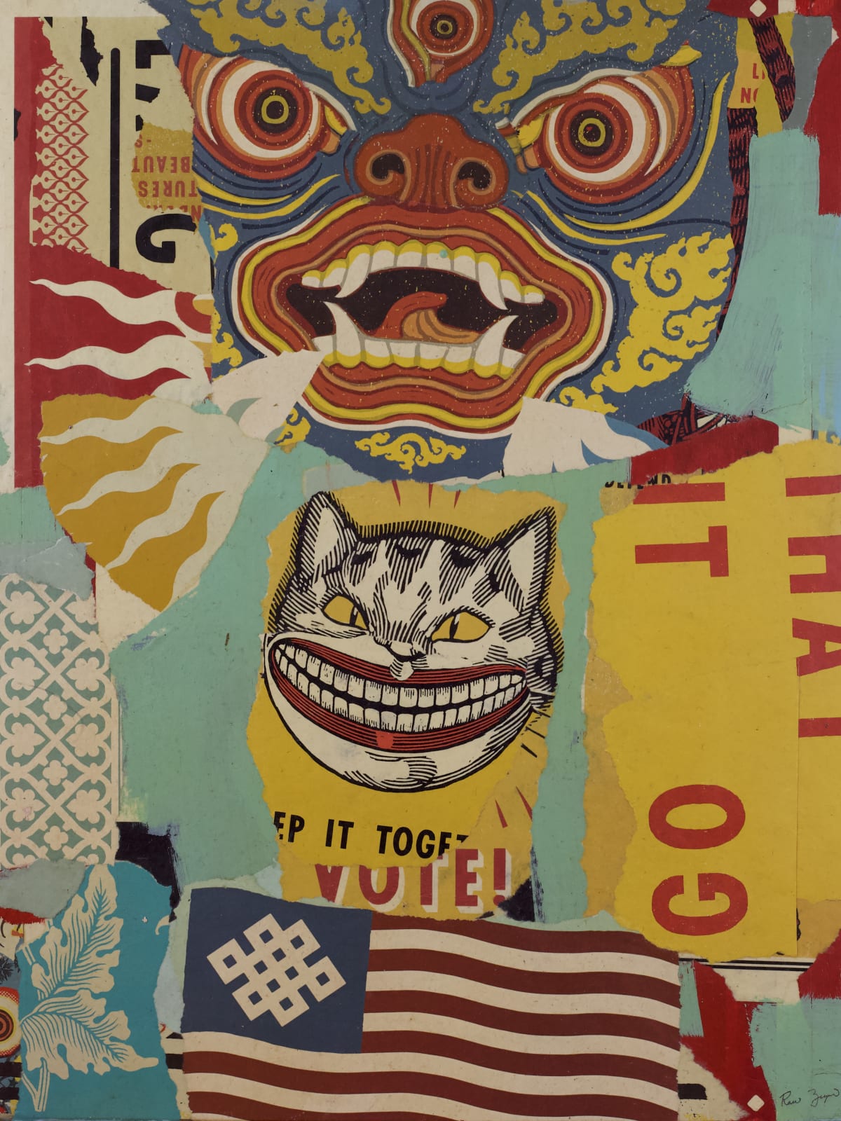 collage of torn up screen prints of religious and historical symbols