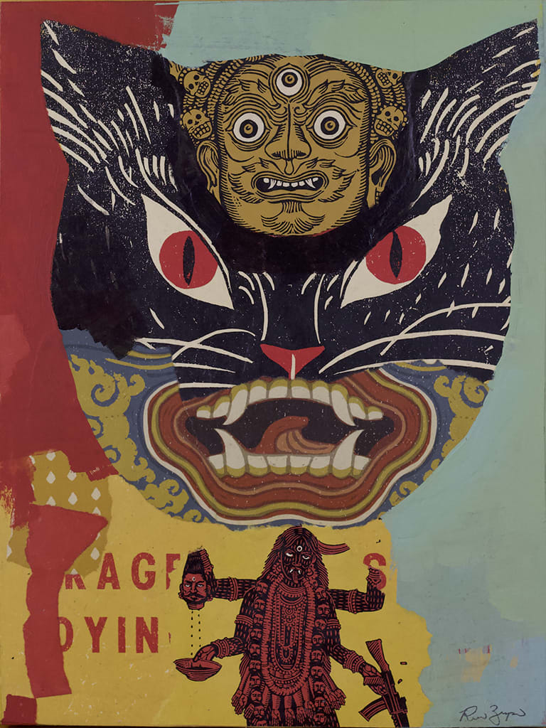 collage of torn up screen prints of religious and historical symbols