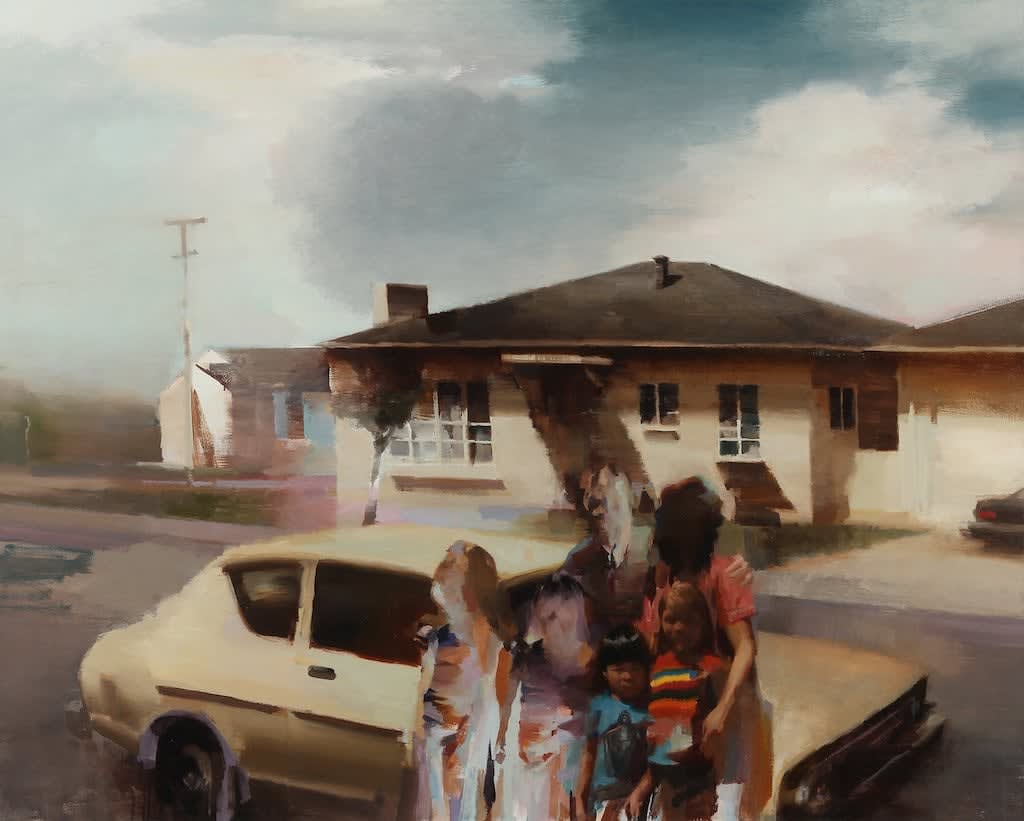 Kim Cogan painting of figures, building and car