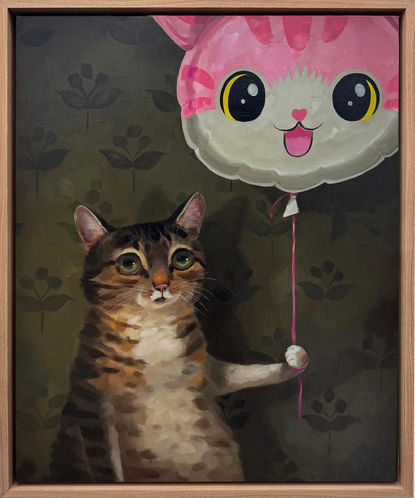 A painting of a brown cat holding a balloon of a pink cat.