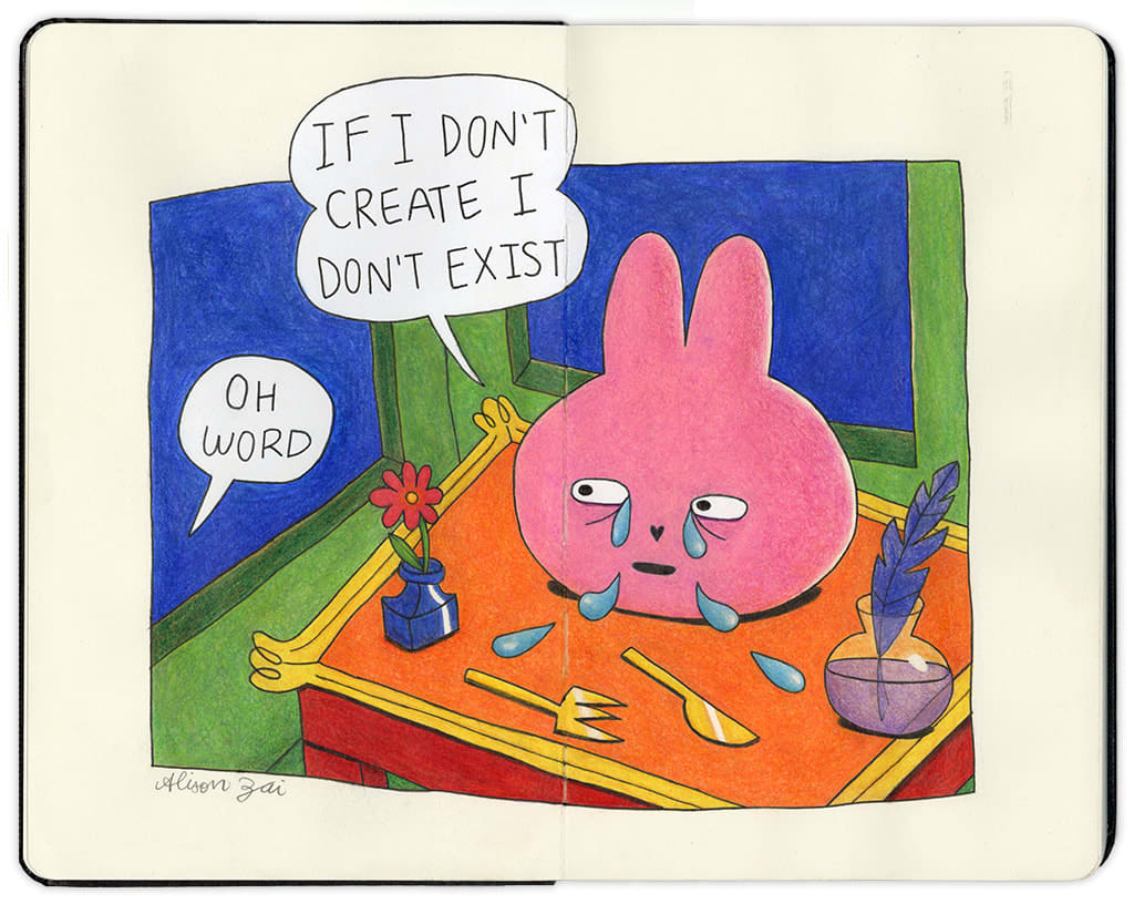 Drawing in an open face Moleskine notebook of a pink bunny head on a tray with serving utensils, with large blue tears streaming down its face with a speech bubble that reads: