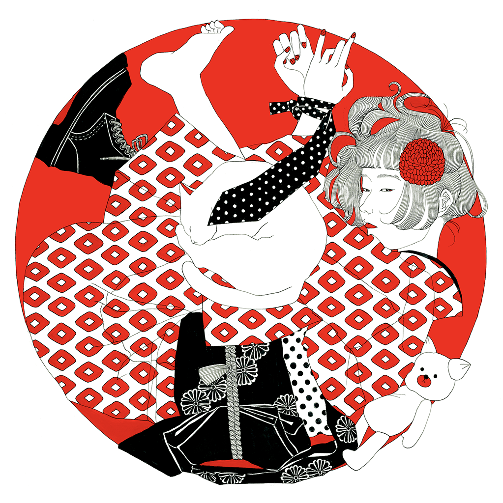 Circular painting of a girl and a cat on a red background