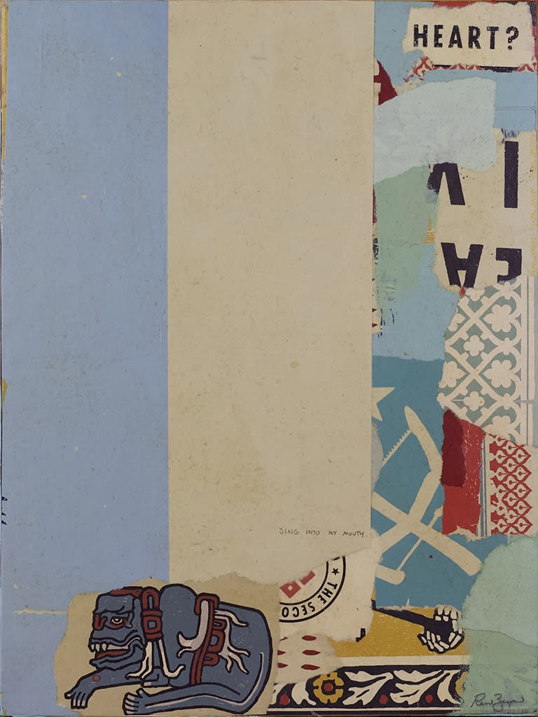 collage of torn up screen prints of religious and historical symbols