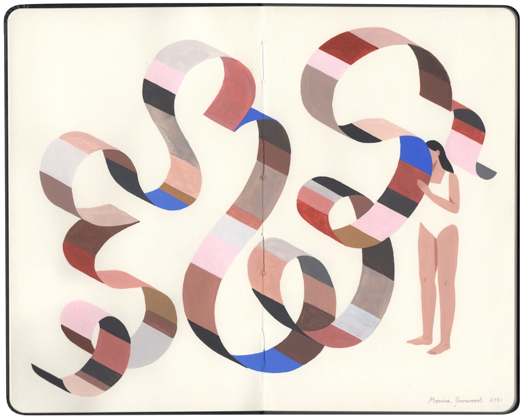 Painting of a multi colored ribbon in an organic shape with a miniature woman in a white bathing suit holding a part of it on a white background