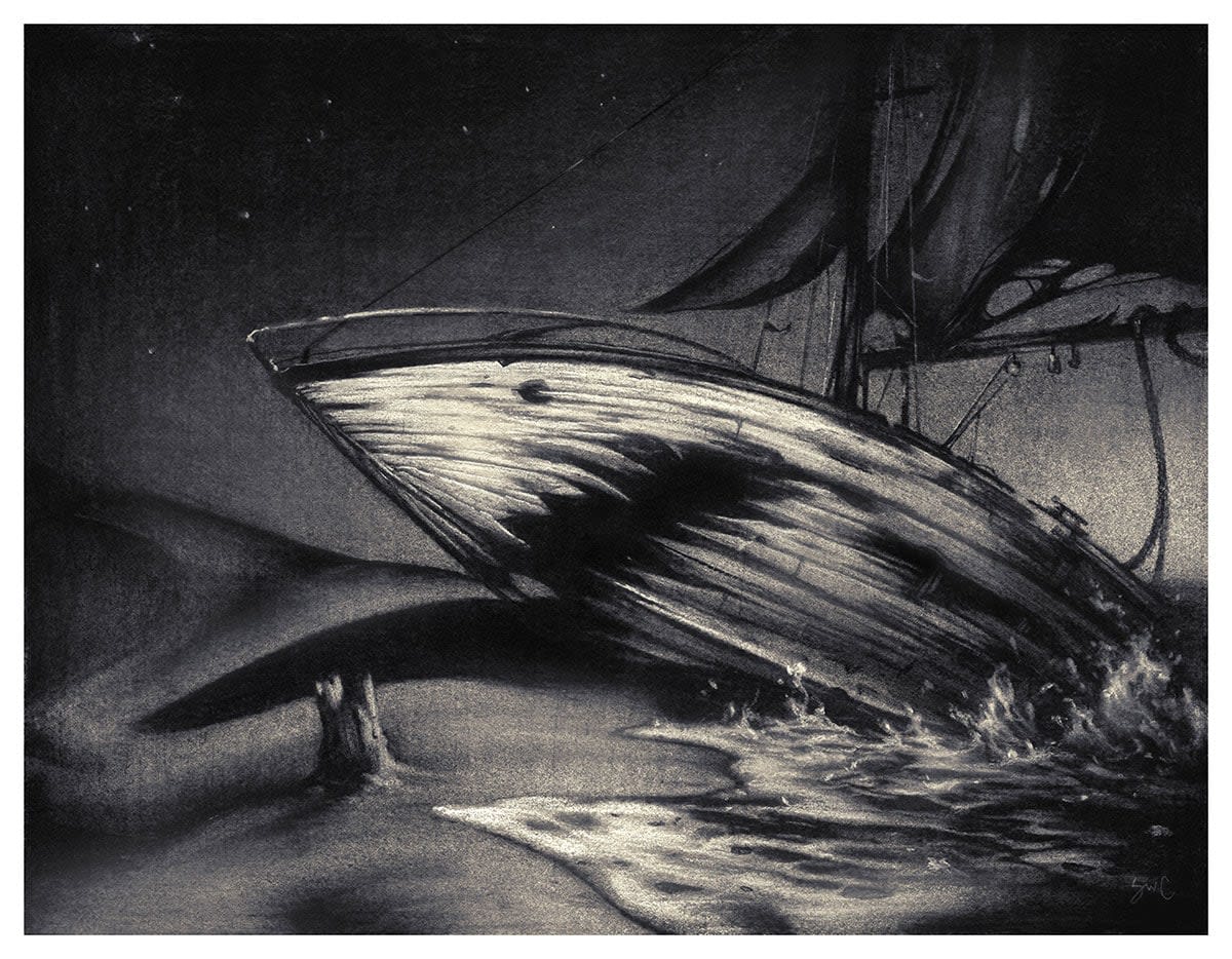 drawing of a shark breaching the water