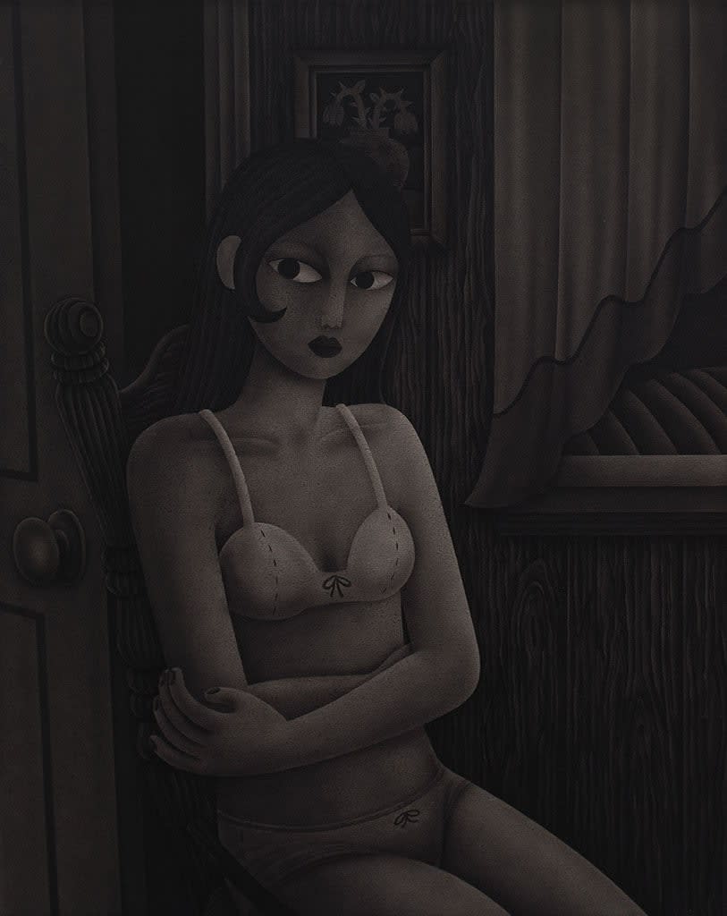 black and white painting of a woman seated in her bra and underwear with her arms wrapped around herself