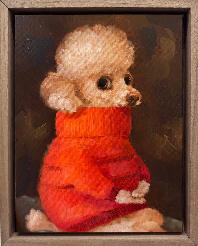A painting of a seated white dog wearing a red sweater.