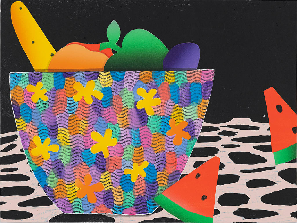 Karen Lederer painting of floral fruit bowl with watermelon slices and fruits