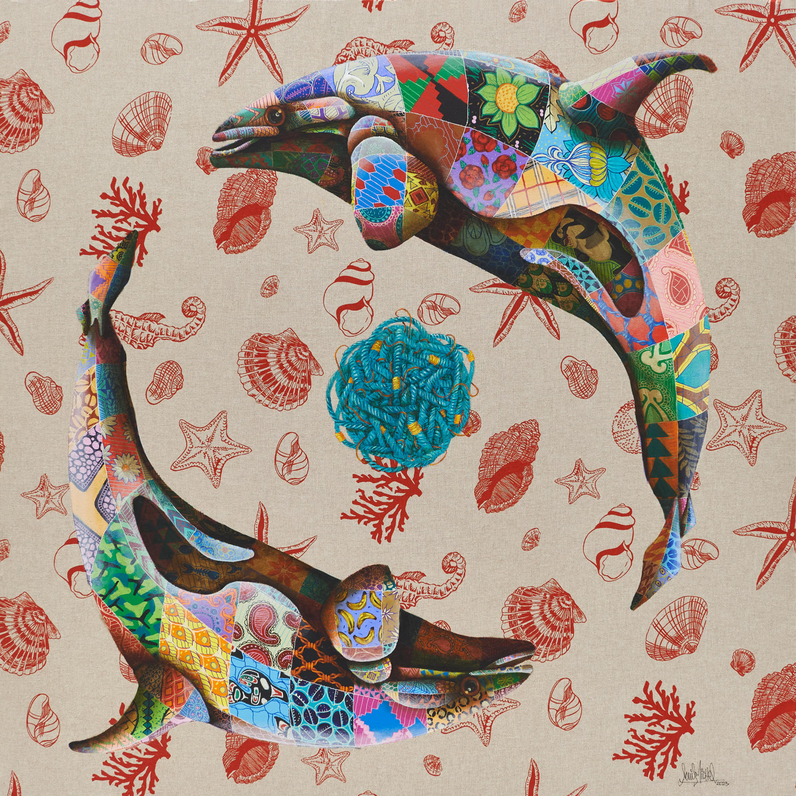 painting of orca whales and a ghostnet by Louis