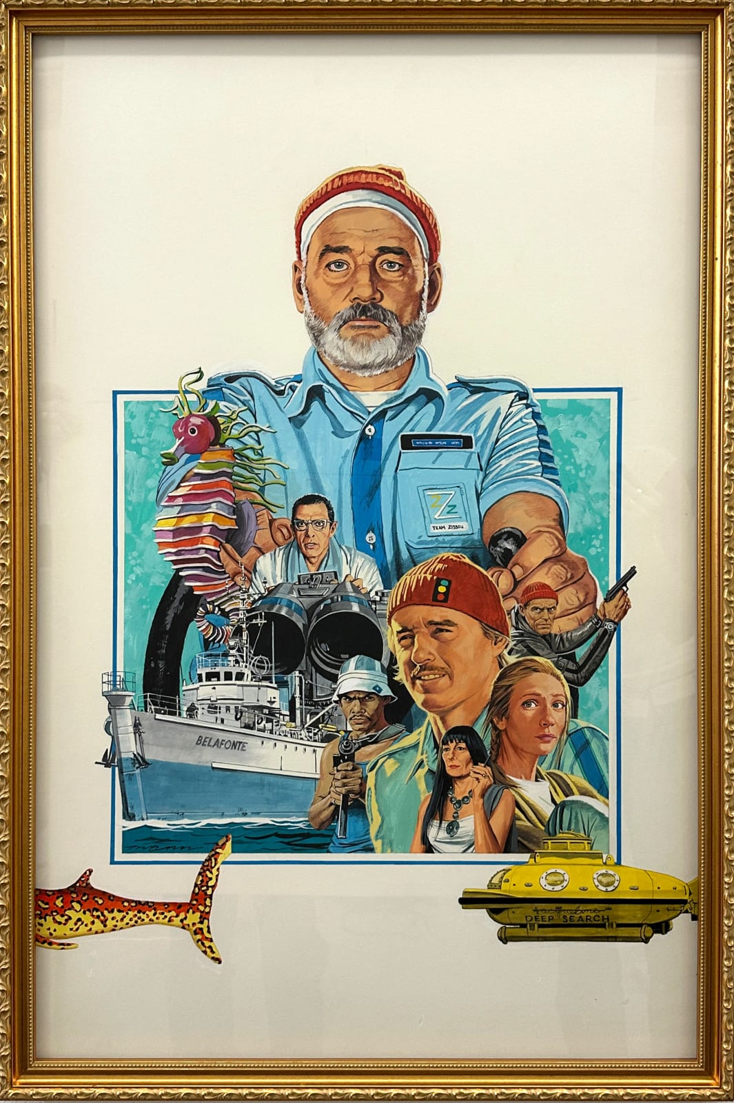 Painting of character from the Life Aquatic with submarines and boat around them