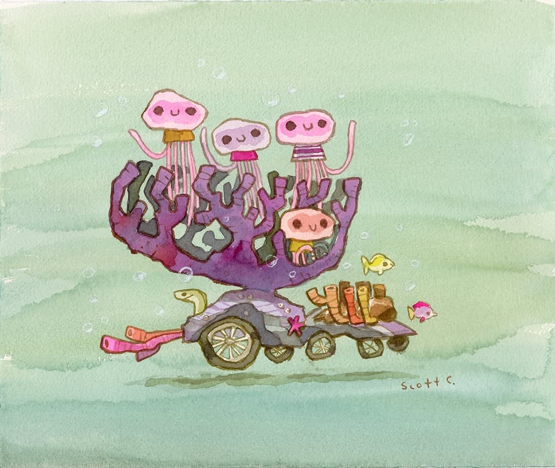 a car made out of coral with jellyfish riding it