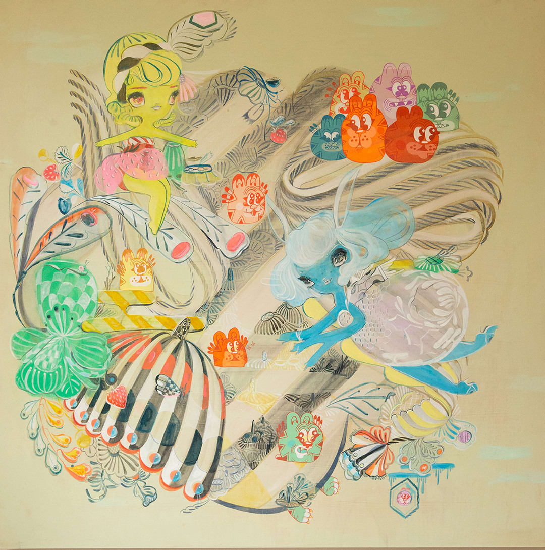 two fairy ladies in a swirl on animals and plants