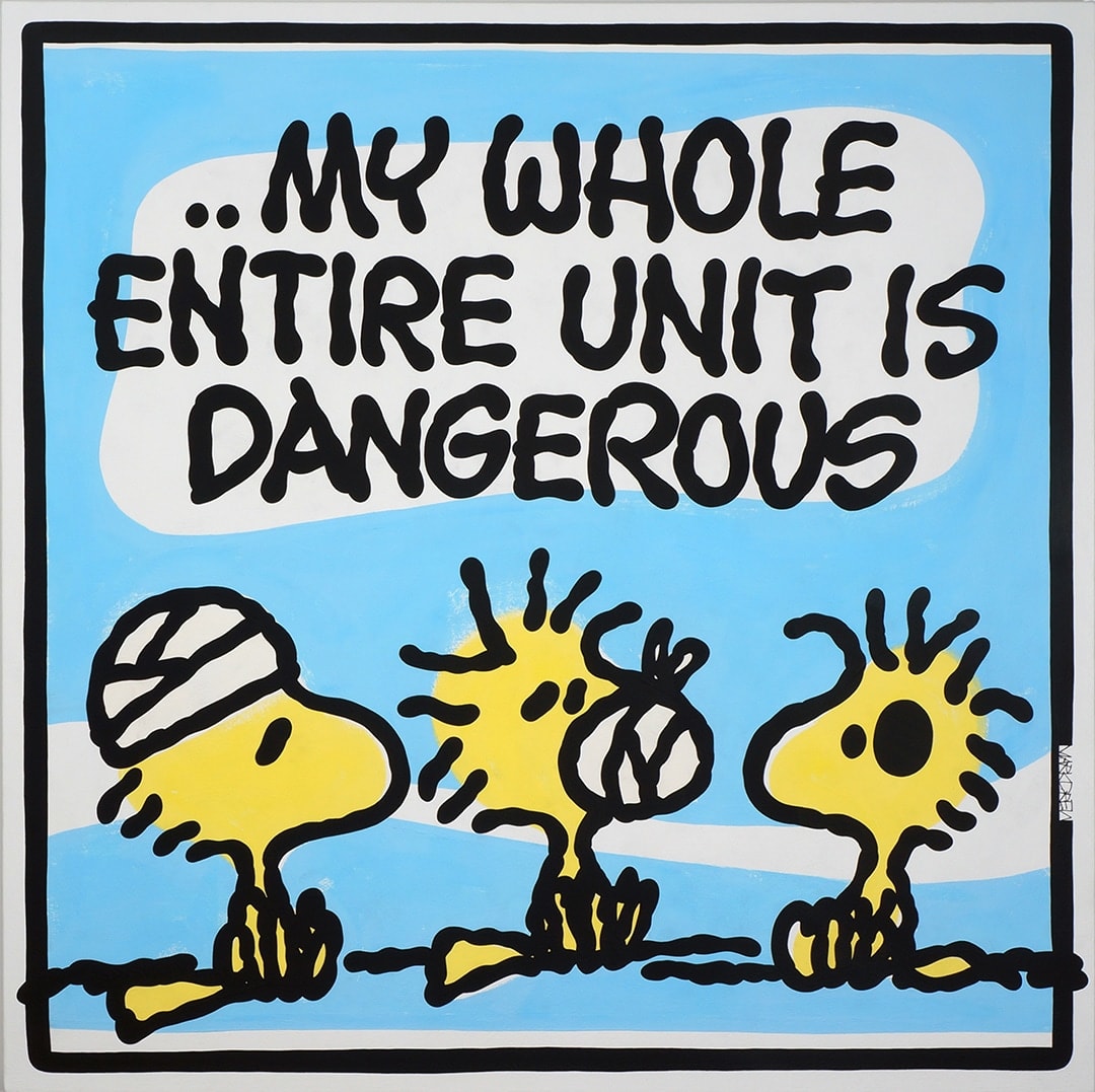 painting of cartoon character woodstock over a blue background accompanied by rap lyrics above their heads