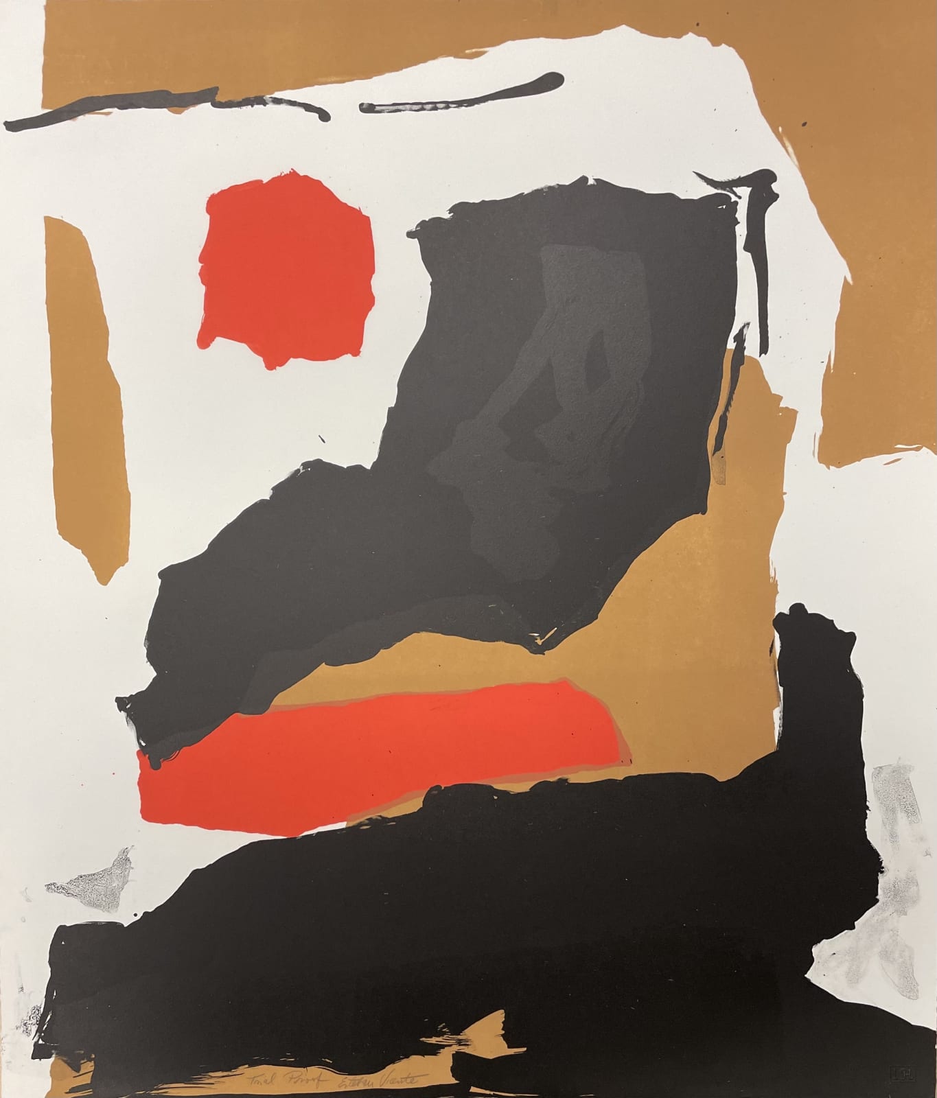 A gestural abstraction using red black and red geometrics on a white background.