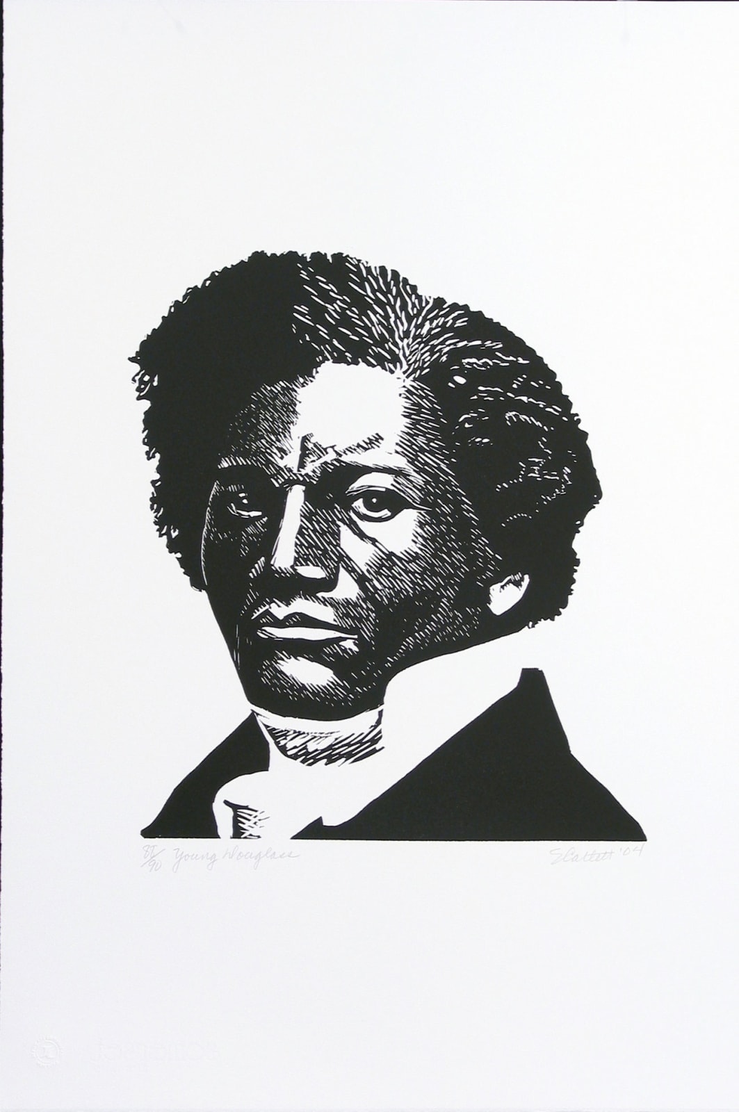 The image sits in the middle of a white page. The image is from the shoulders up of Frederic Douglass. The image is in black and white. Douglass is a black man whose hair is parted and he is wearing a white collar and black shirt. He has a slight scowl on