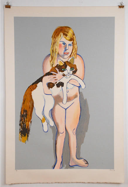 The print is a portrait of a young naked white girl with blonde hair holding a calico cat. The background is light gray.