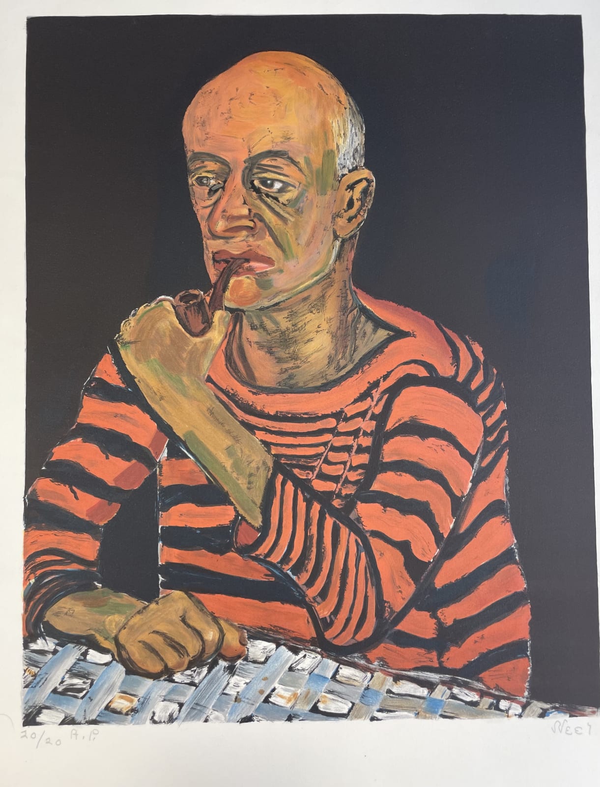 A portrait of a man. He has dark bronze skin. He is bald and is wearing a striped black and red long sleeve shirt. He is staring blankly ahead and is smoking a pipe. His right arm is resting on a mesh table. You only see him from the torso up. The backgro
