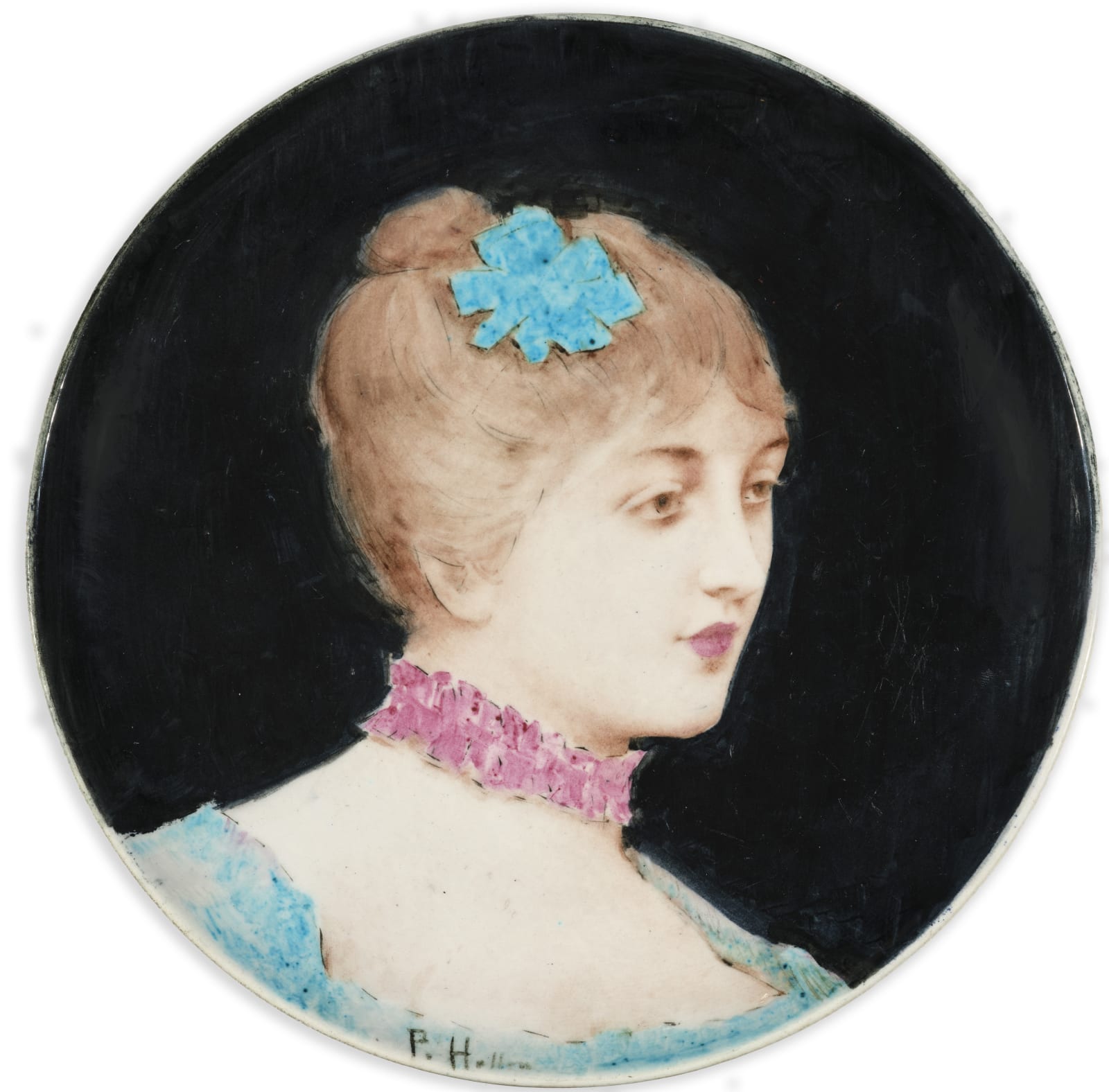 Paul Helleu, Circular dish decorated with a portrait of a woman with a pink ribbon / Plat circulaire orné d’un portrait de femme au ruban rose, 1882-1884
