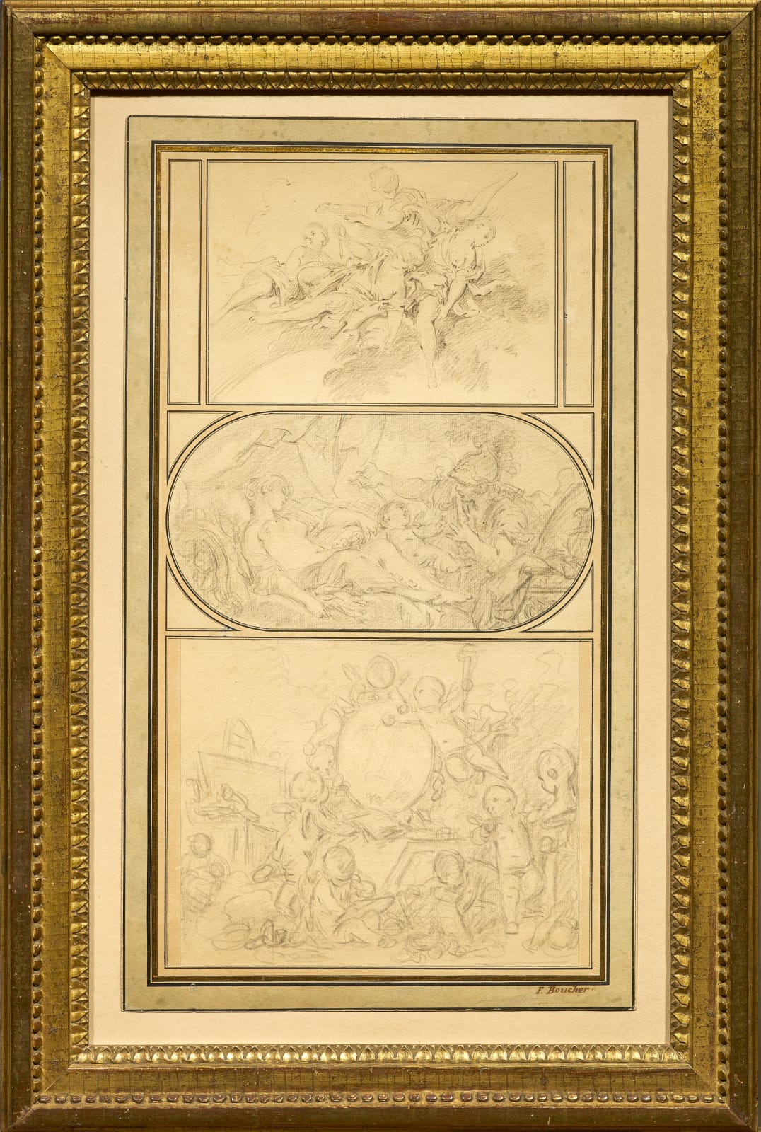 François Boucher, Three studies, in a mounting by Jean-Baptiste Glomy/ Trois dessins, dans un montage de Jean-Baptiste Glomy , Circa 1756