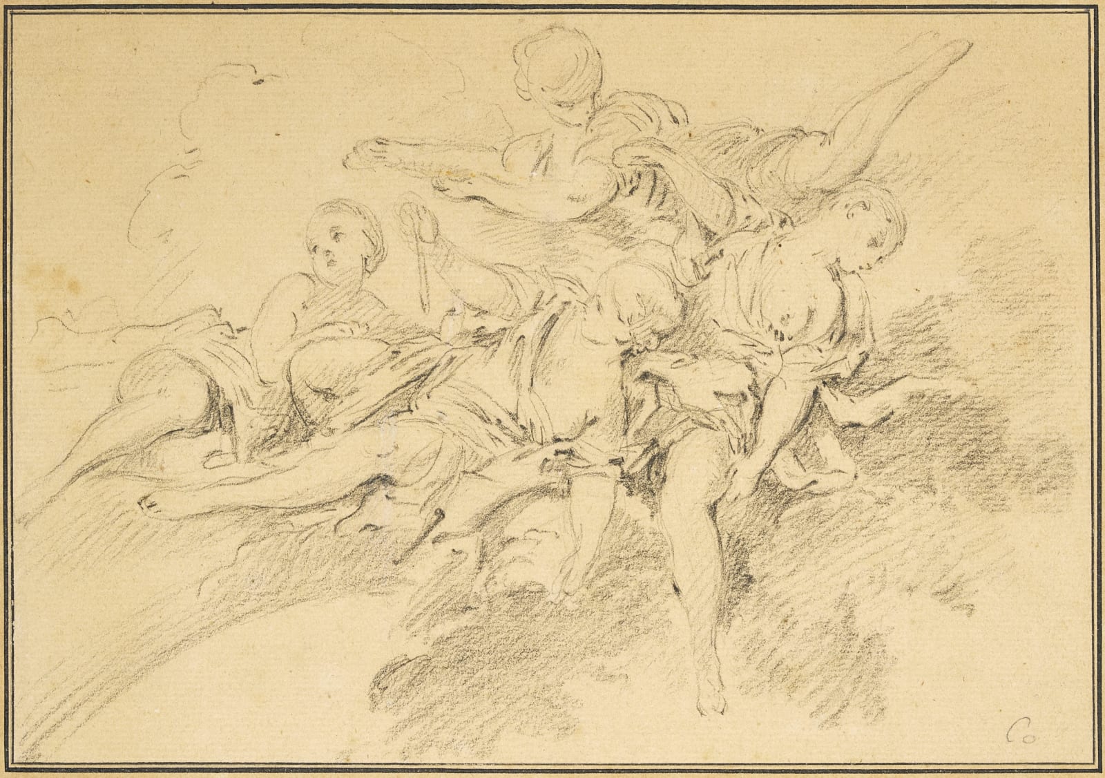 François Boucher, Three studies, in a mounting by Jean-Baptiste Glomy/ Trois dessins, dans un montage de Jean-Baptiste Glomy , Circa 1756