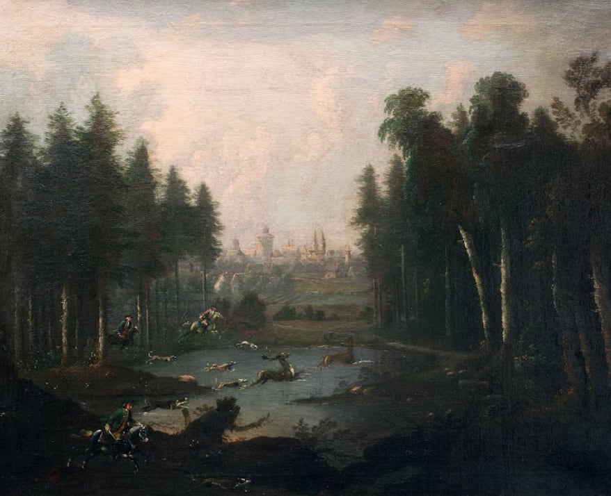 Peter von Bemmel, Stag hunting in the vicinity of Nuremberg/ Chasse à courre dans les environs de Nuremberg, Ca. 1730