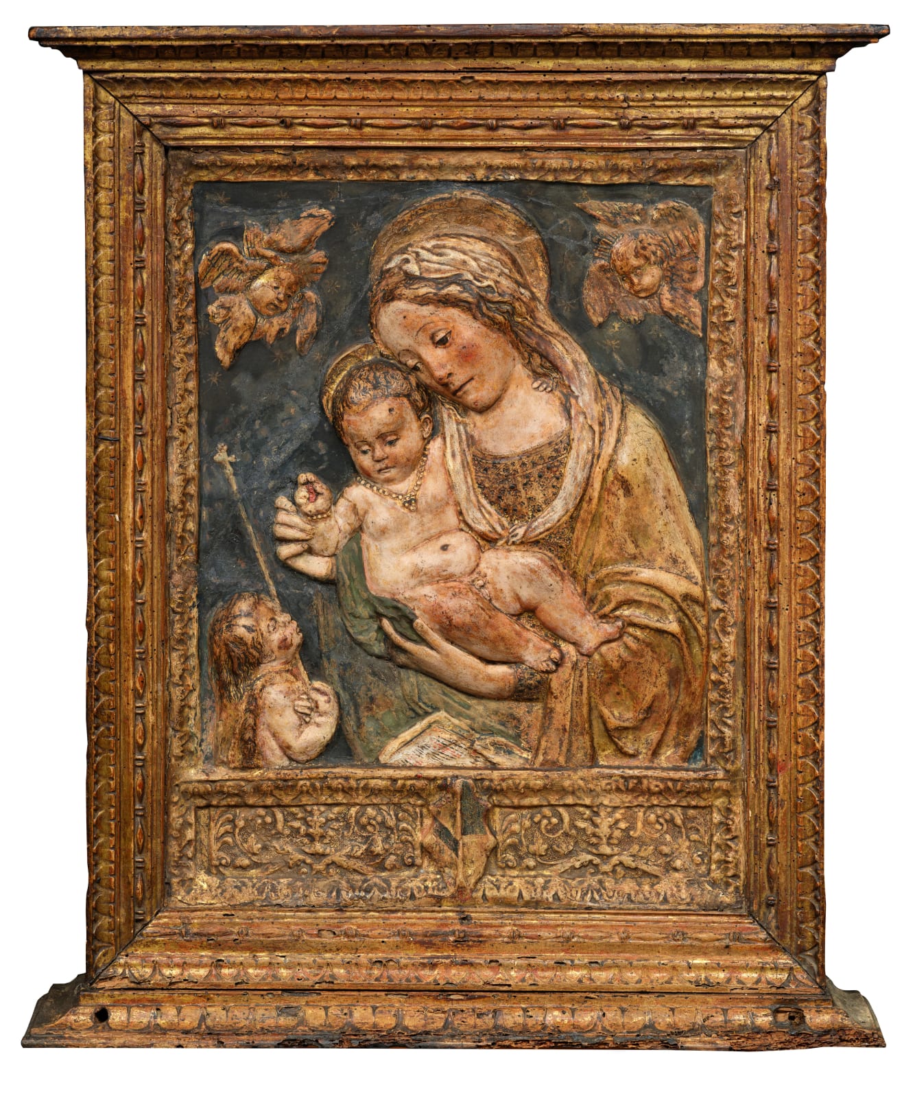 Benedetto da Maiano, (Workshop of) Relief with the Virgin and Child with the Young St. John the Baptist/ (Atelier de) Bas-relief de la Vierge à l'Enfant avec Saint Jean-Baptiste enfant, Circa 1490