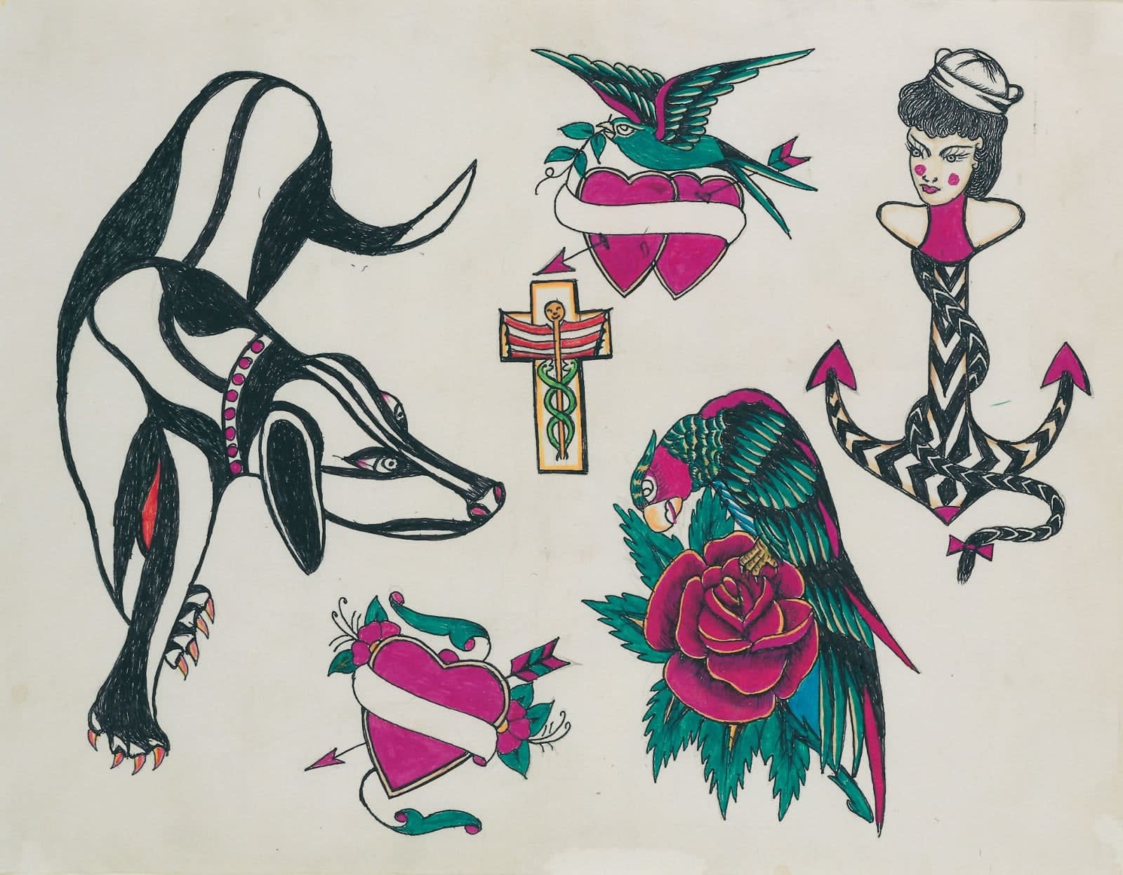 Rosie Camanga, Dog, parrot and anchor (Tattoo), 1993