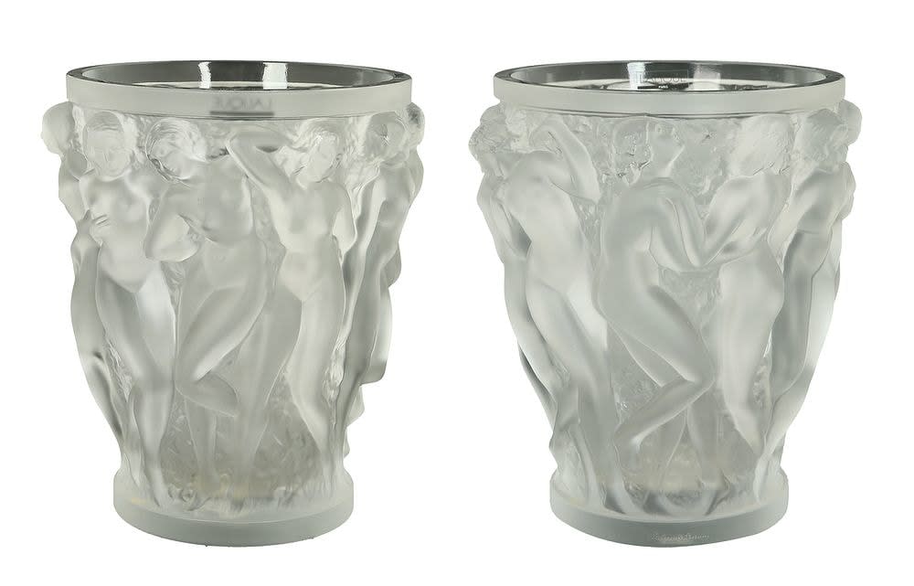 Lalique, LALIQUE. PAIR OF BACCHANTES GLASS VASES, After 1980