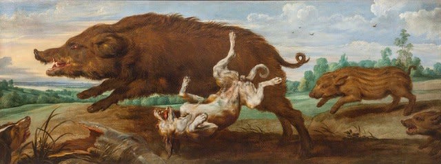Paul de Vos, A Wild Boar with its Piglets Being Chased by Hounds