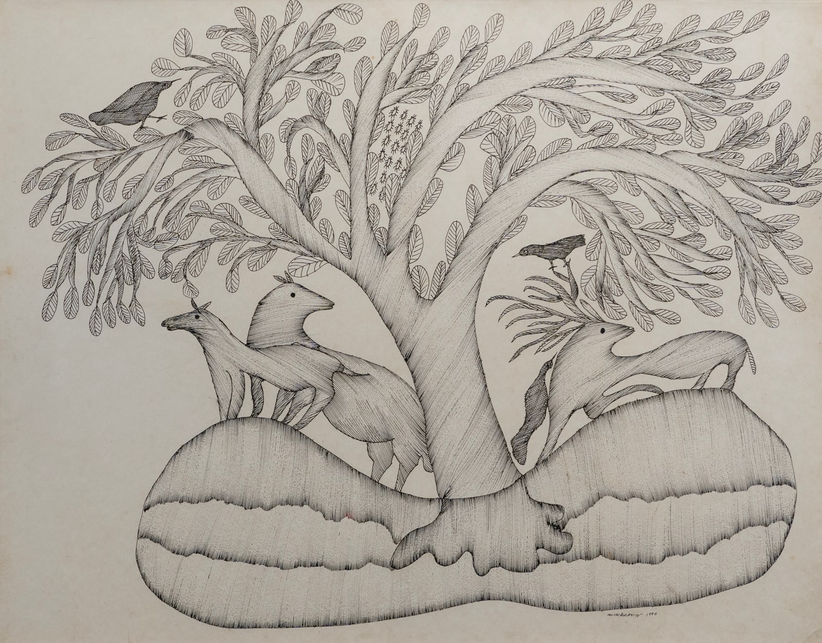 Jangarh Singh Shyam, Untitled (Deer Family under Mahua Tree), 1996