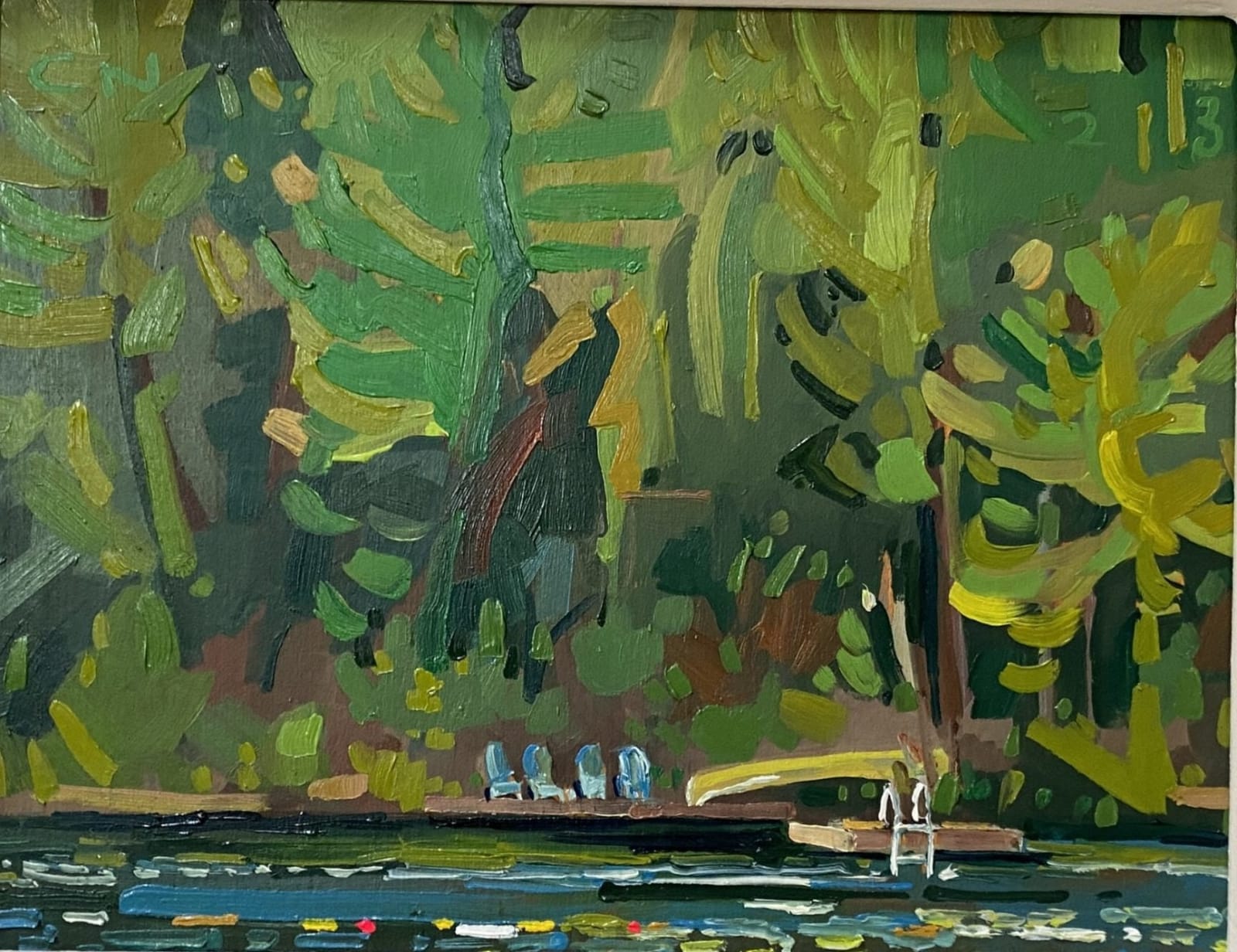 Chrissy Nickerson, 4 blue chairs across from Beau’s cottage and a yellow canoe Gloucester Pool, Cold Water, 2023