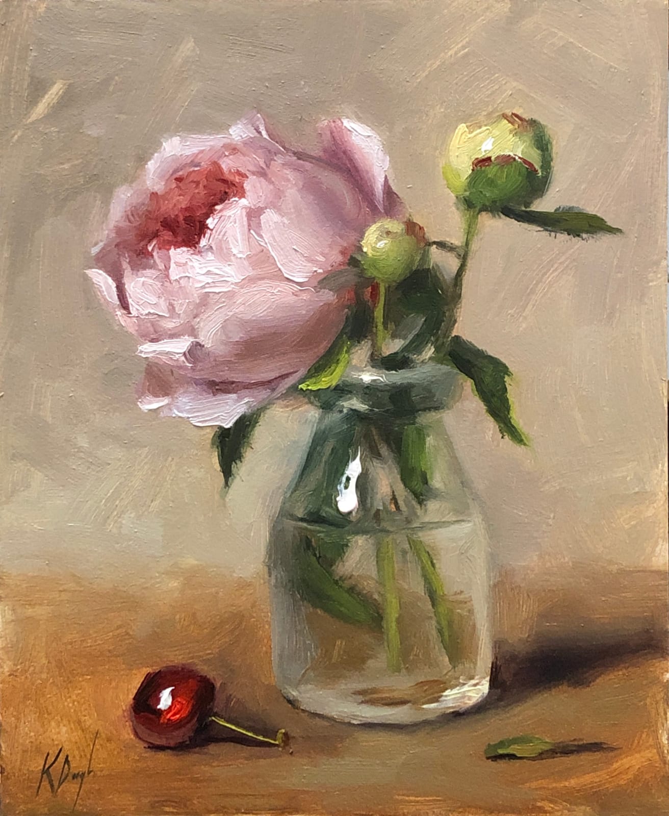 Karen Daigle, Peony in Old Milk Jar with Cherry