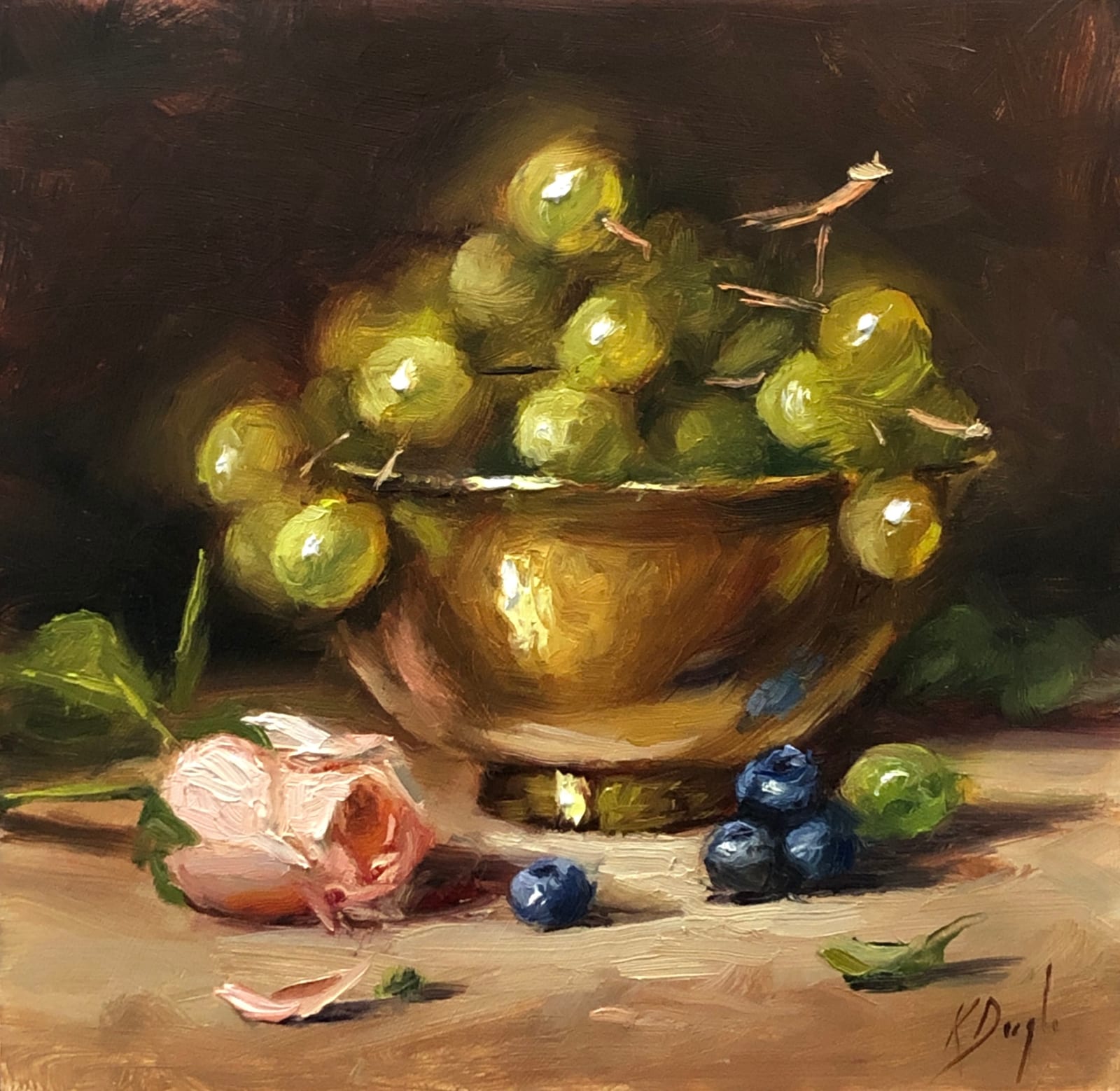 Karen Daigle, Green Grapes in Brass Bowl with Rose