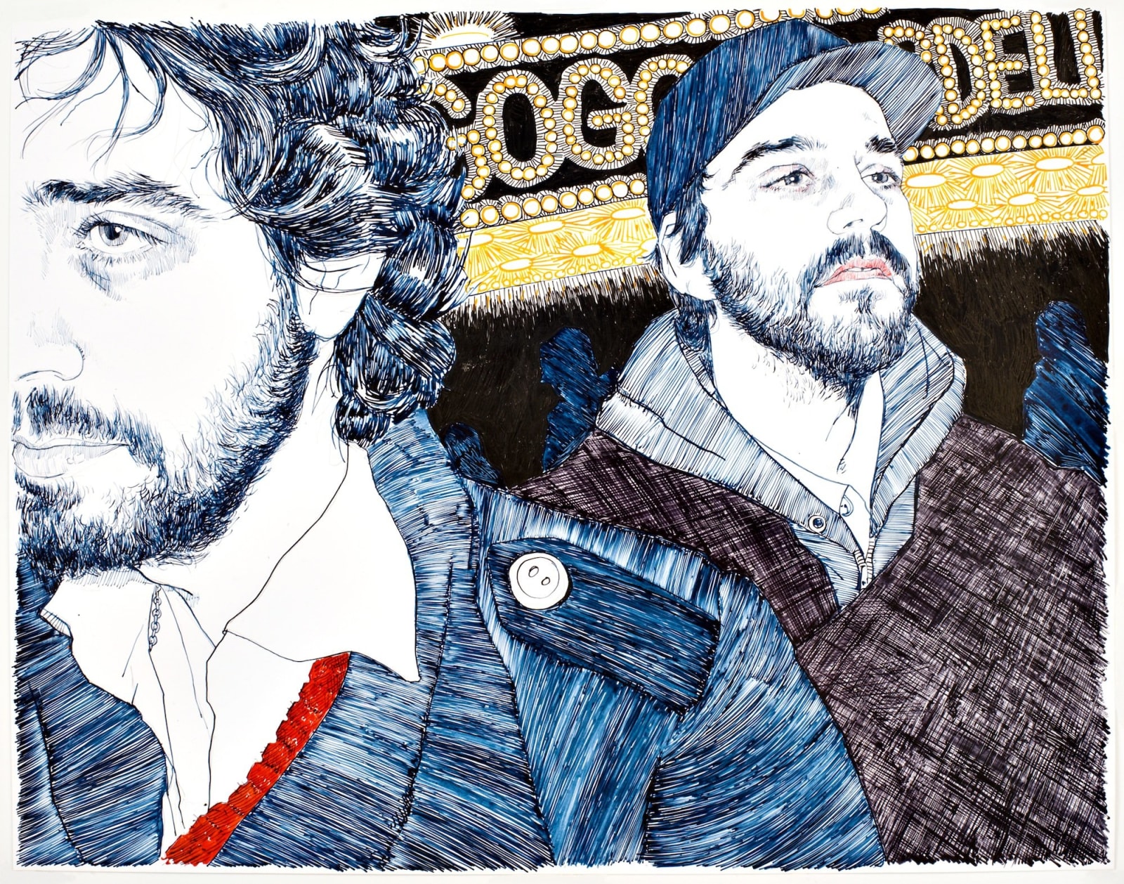 Portrait of two men in coats with Gogol Bordello sign in background