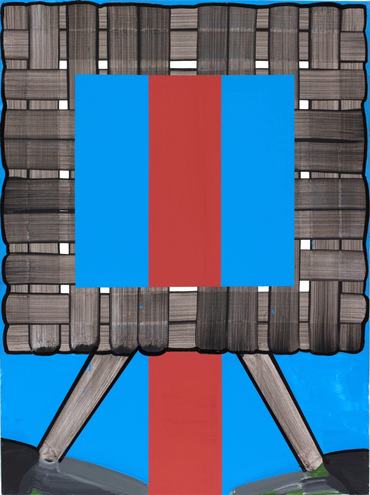 Abstract painting of geometric shapes in colors of grey, red, and blue