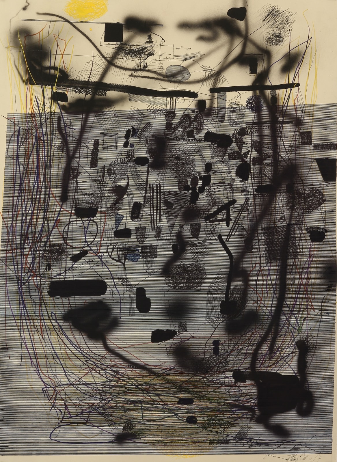 Cream colored panel, lower 3/4 of panel covered with horizontal lines, sprayed and painted lines overlaid