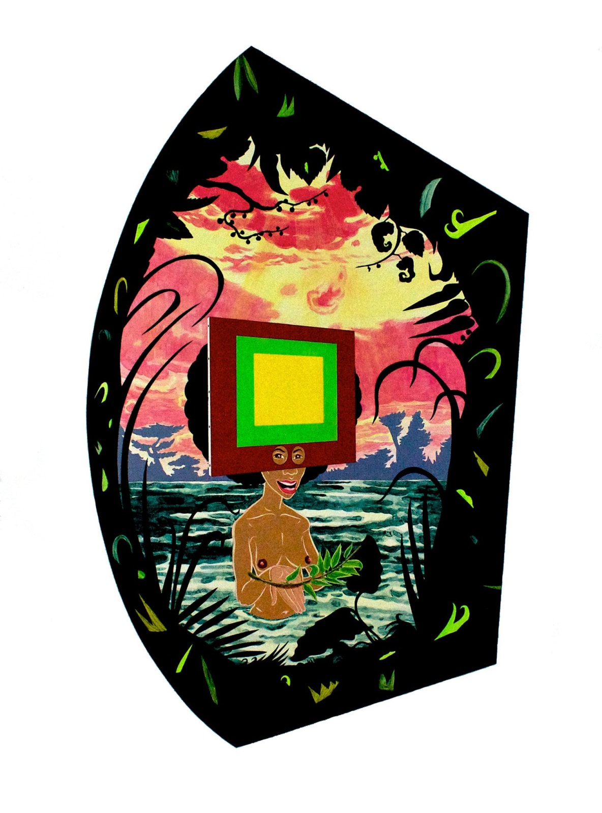 A nude woman rises from a body of water wearing a modernist painting as a mask