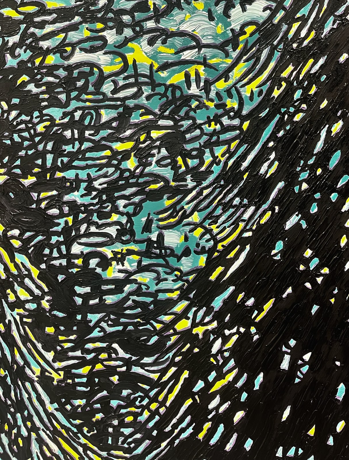 Detail Shot of green painting of moon shining over mountains and spruce trees