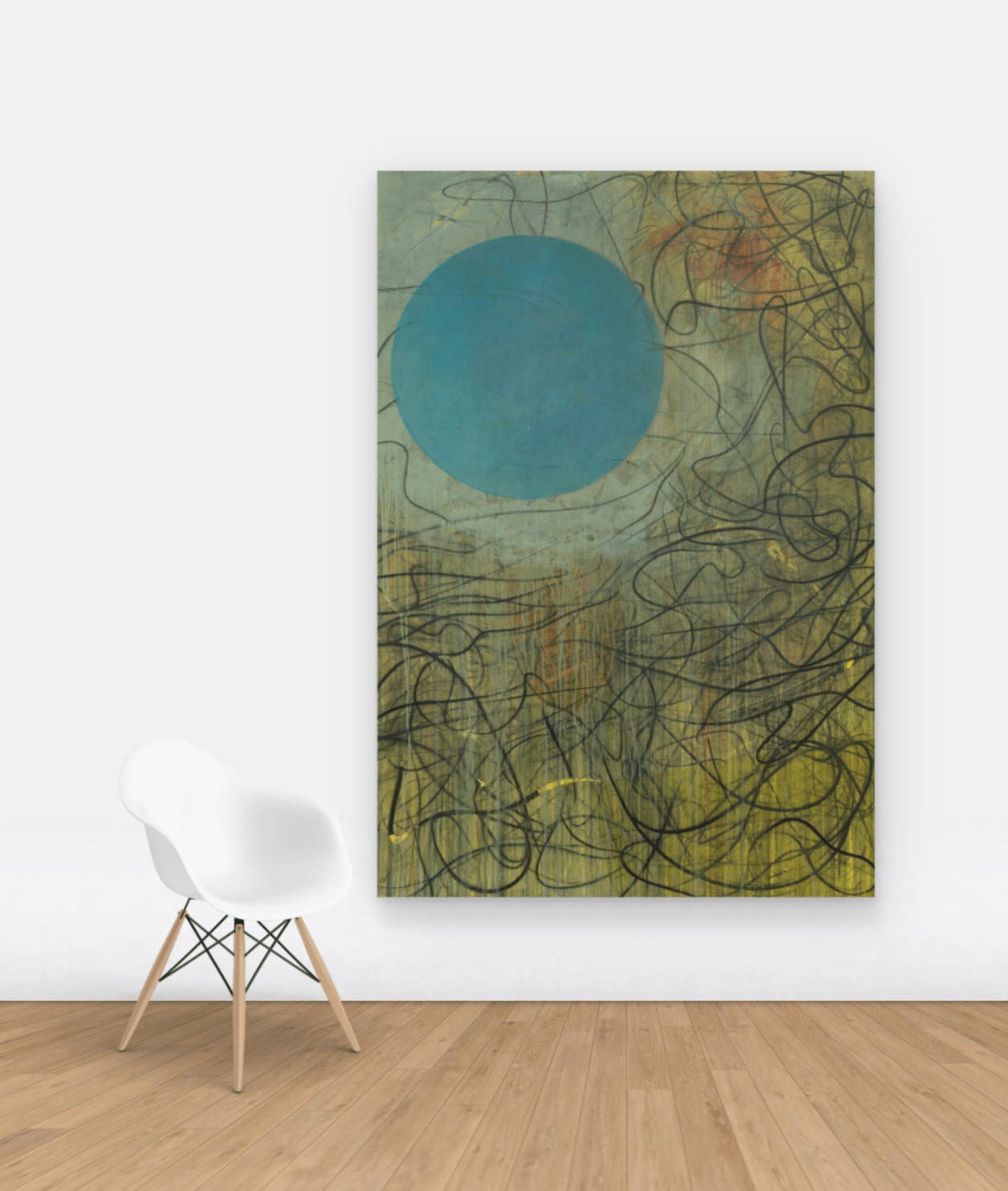 Abstract multimedia on canvas artwork with a large blue circle in the upper left register surrounded by black lines hung on wall