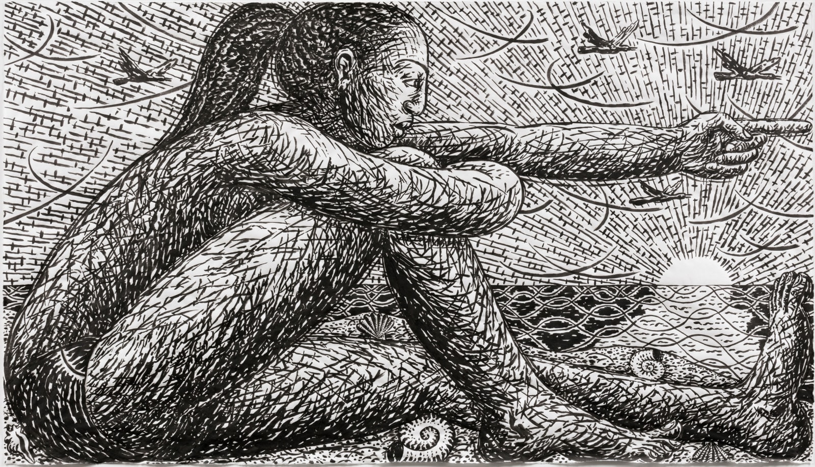 Black and white ink drawing on paper of a female nude figure in profile seated with her left hand outstretched and pointing with the sun setting over the ocean in the background