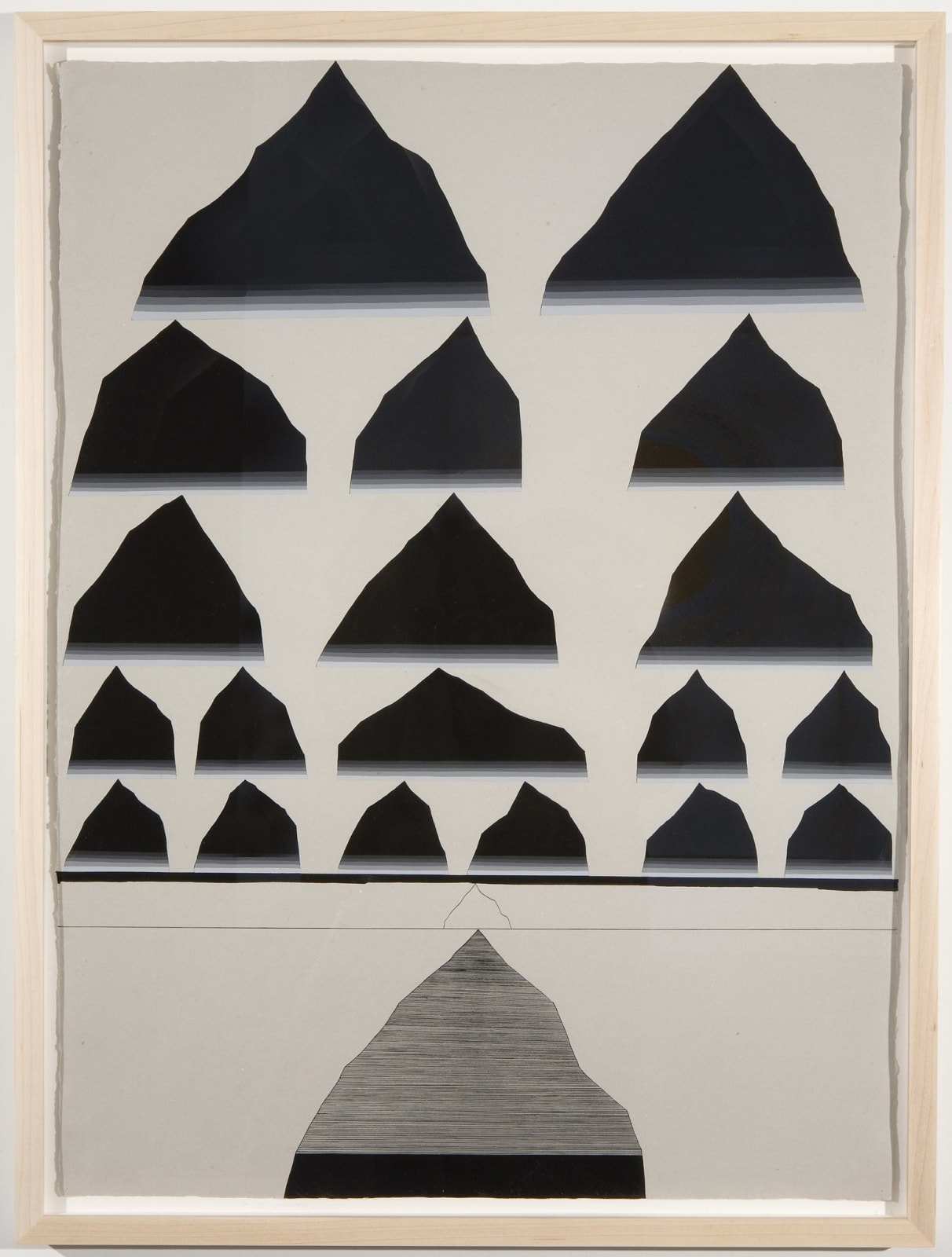Black and white line drawing with multiple black mountain/pyramid shapes spread across sheet
