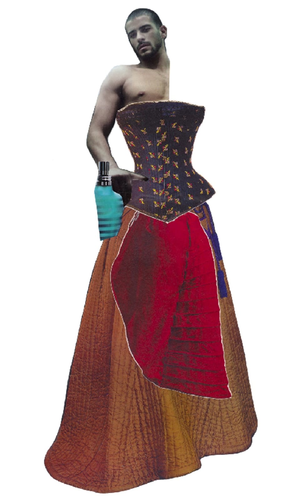 Collage figure constructed from images from ethnographic, anthropologic and fashion magazines