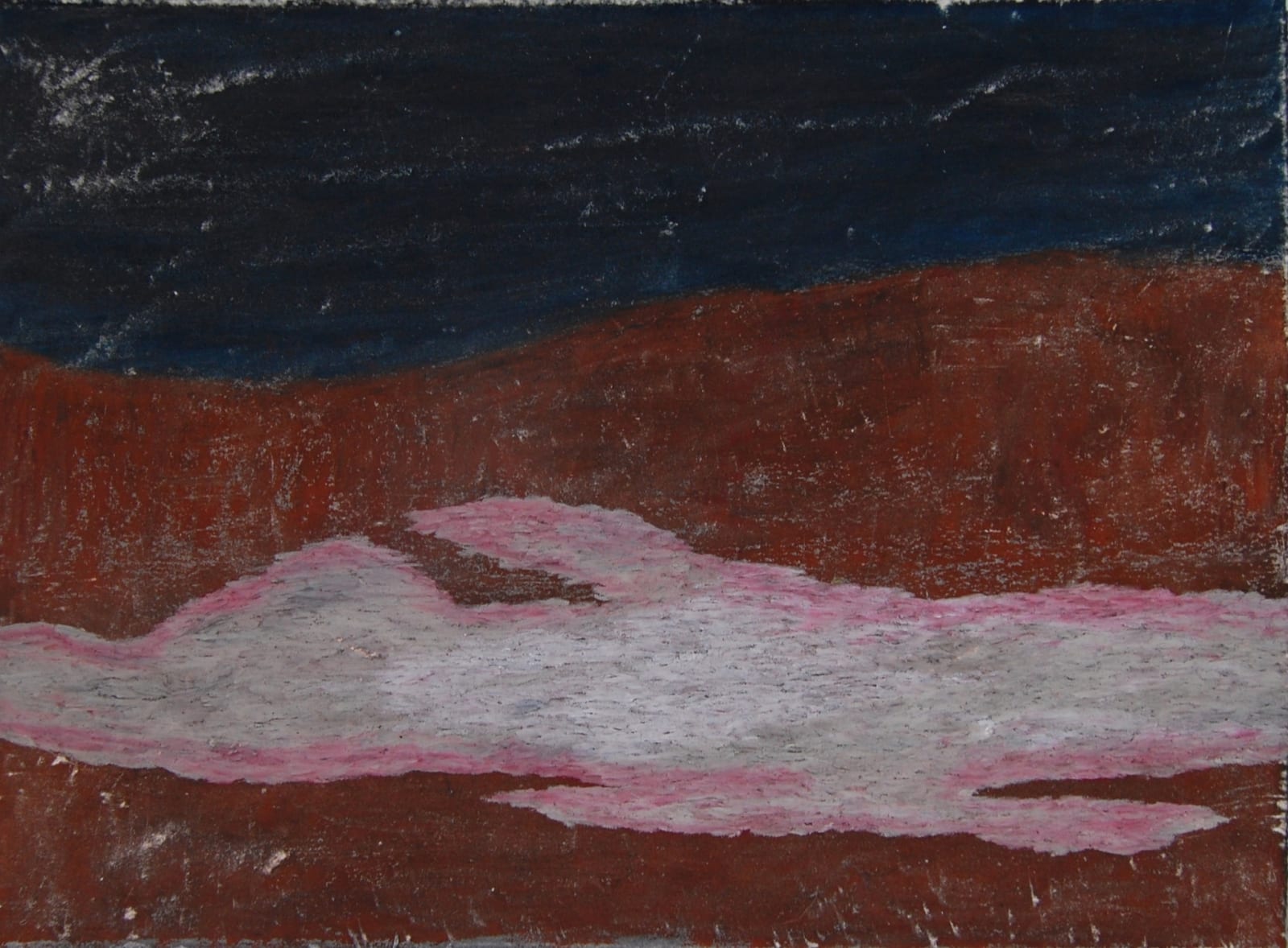 Colored drawing, abstract pink lake on reddish grown, dark blue-green sky