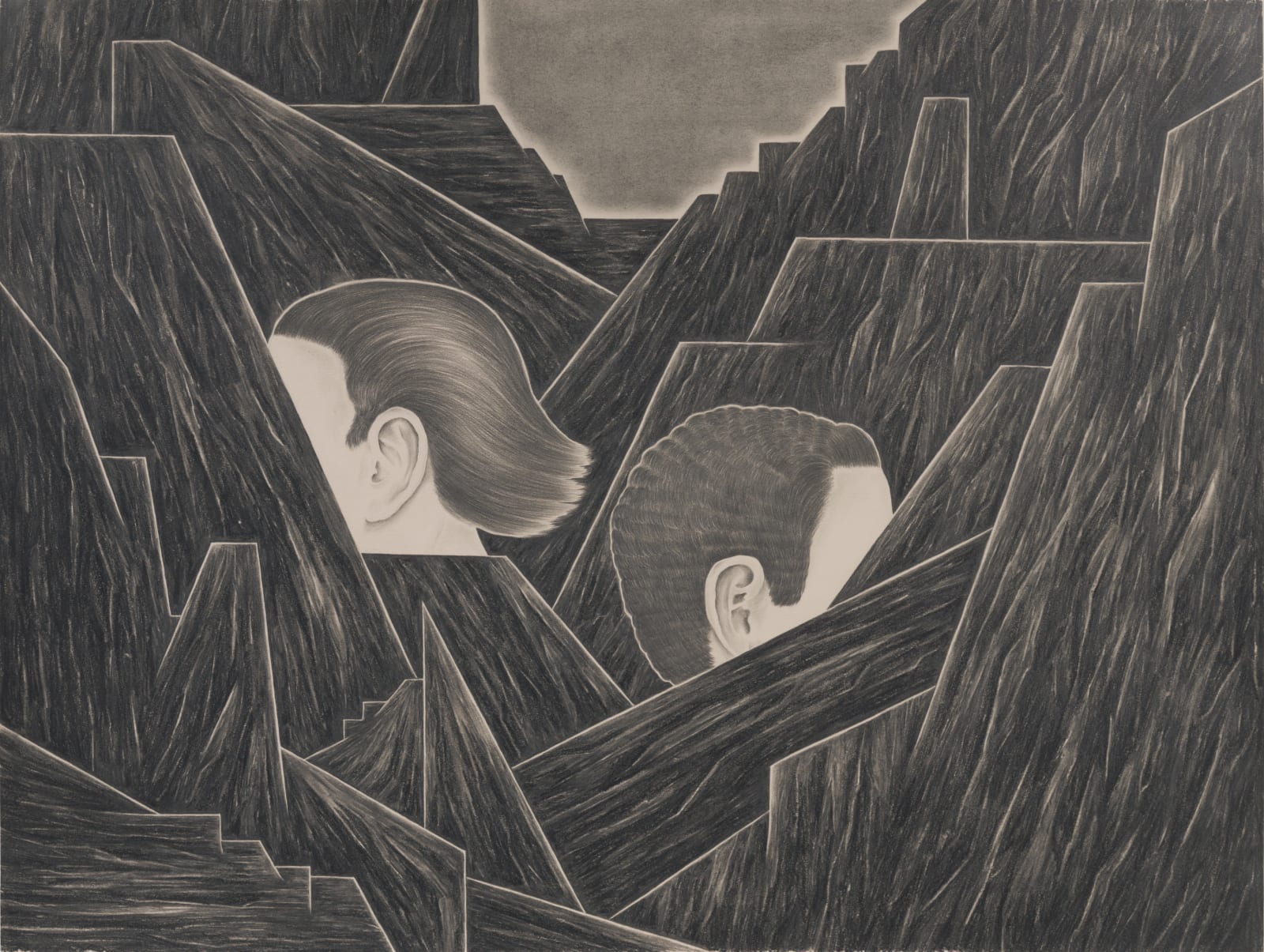 Two heads partially obscured by graphite geometric shapes