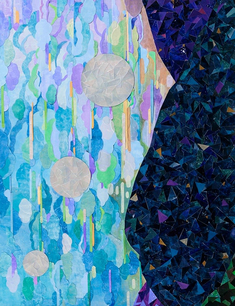 Purple and blue paper collage with moon in the sky