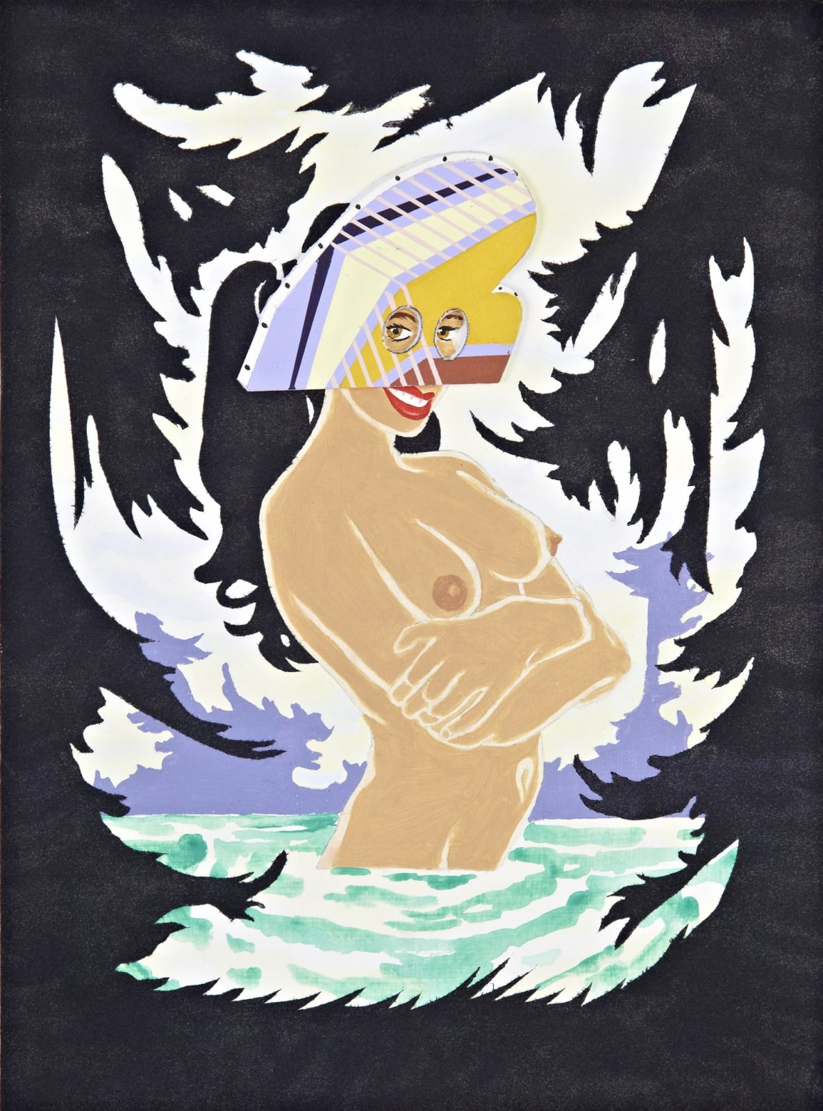 A nude woman emerges from a body of water wearing a modernist painting as a mask