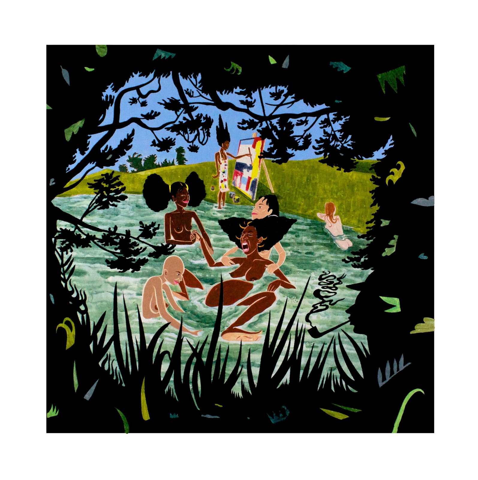 Painting of woman giving birth in a lake surrounded by community of women