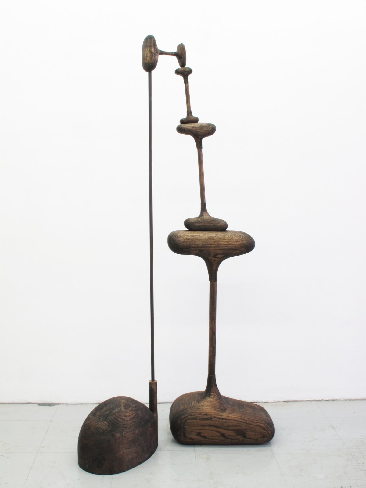 Carved wood sculpture with cartoon anatomical elements